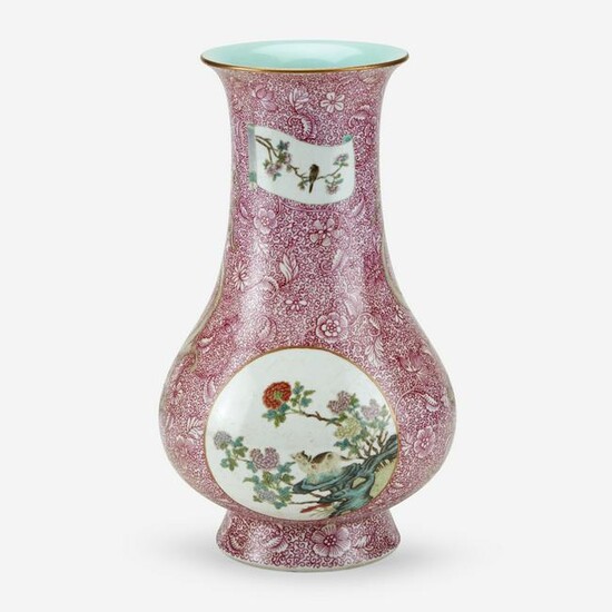 A Chinese porcelain puce scroll-ground baluster vase