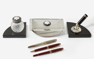 A Collection of Montblanc Pens and Lalique Desk Set Montblanc, Lalique