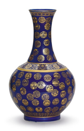 A FINE GILT-DECORATED BLUE-GLAZED BOTTLE VASE MARK AND PERIOD OF GUANGXU
