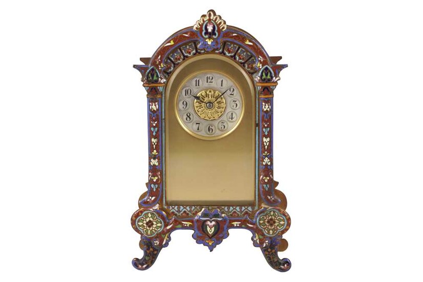 A FRENCH CHAMPLEVE ENAMEL AND BRASS MANTEL CLOCK, 20TH CENTURY
