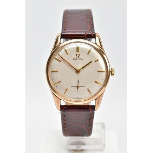 A GENTS 9CT GOLD OMEGA WRISTWATCH, hand wound movement, roun...