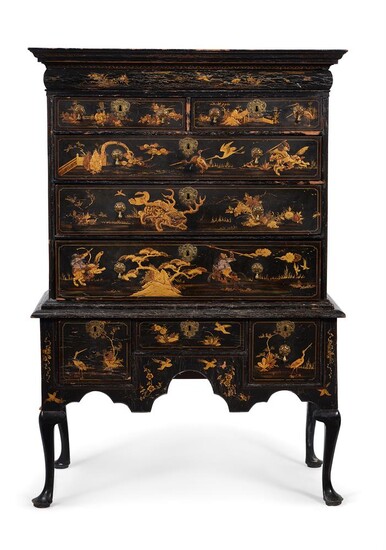 A GEORGE I BLACK LACQUER AND GILT CHINOISERIE DECORATED CHEST ON STAND, CIRCA 1720