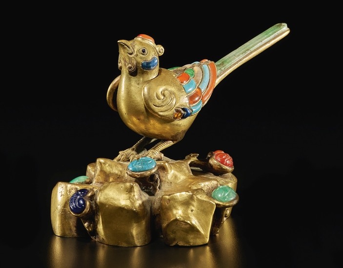 A GILT-BRONZE AND HARDSTONE-INLAID 'BIRD' CENSER QING DYNASTY, 18TH / EARLY 19TH CENTURY