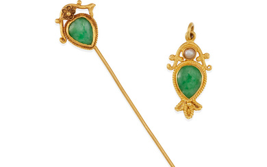 A GOLD, JADE, AND PEARL PENDANT AND STICK PIN