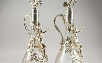 A GOOD PAIR OF GLASS CLARET JUGS AND STOPPERS, with
