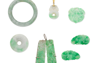 A GROUP OF JADEITE PENDANTS AND A SMALL BANGLE 20th...