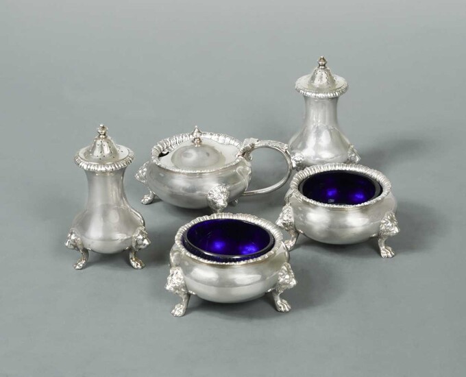 A George V silver five-piece condiment set