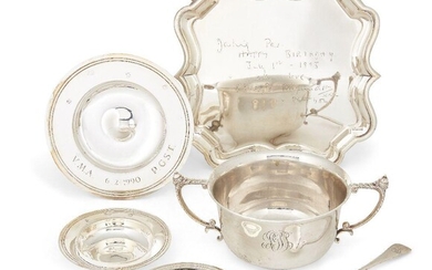 A George V silver porringer with acorn and foliate scroll handles, Chester, 1931, John Collard Vickery, of circular form with monogram to side, 10.3cm dia., together with a shaped square waiter with piecrust edge and presentation engraving to base...