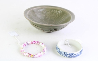 A Green Chinese Bowl Together with A Blue and White Japanese Brush Washer and Two Porcelain Bangles