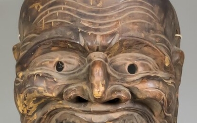 A Japanese Carved Cyprus Wood and Lacquered Jijaku Mask...