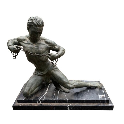 A LARGE ART DECO FRENCH SPELTER STATUE, SAMSON BREAKING HIS ...