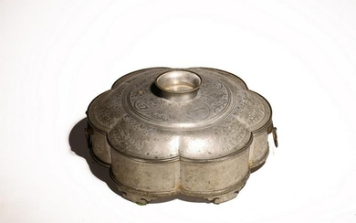 A LARGE CHINESE PEWTER INSCRIBED BOX AND COVER