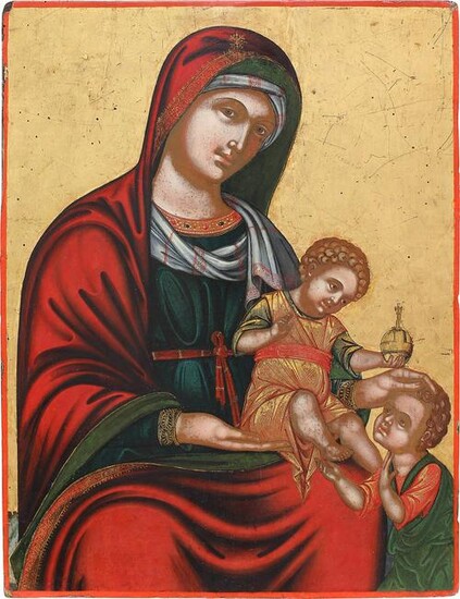 A LARGE ICON SHOWING THE MOTHER OF GOD WITH CHRIST AND