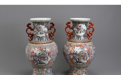 A LARGE PAIR OF CHINESE POLYCHROME ENAMELLED PORCELAIN VASES...