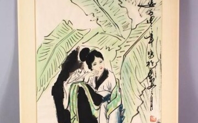 A LARGER CHINESE PAINTING ON PAPER OF A FEMALE FIGURE
