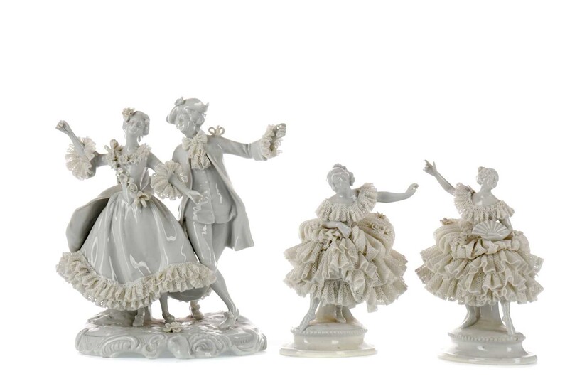 A LATE 19TH CENTURY CONTINENTAL BISCUIT PORCELAIN FIGURE OF A LADY, ALONG WITH
