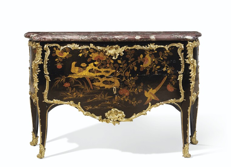 A LOUIS XV ORMOLU MOUNTED CHINESE LACQUER AND VERNIS MARTIN COMMODE, ATTRIBUTED TO JEAN DESFORGES, CIRCA 1745-49