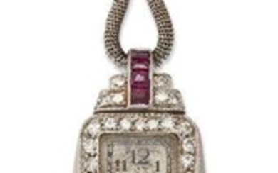 A Lady's Art Deco, diamond and ruby cocktail watch, by The International Watch Co for Tiffany & Co, the rectangular-shaped dial applied with Arabic numerals, signed Tiffany & Co, framed by single-cut diamonds, to stepped diamond set shoulders...