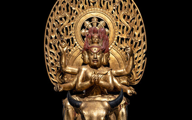 A Large Japanese Gilt and Red Lacquered Wood Figure a Bodhisattva