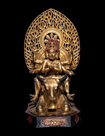 A Large Japanese Gilt and Red Lacquered Wood Figure a Bodhisattva