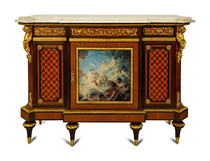 A Louis XVI Style Gilt Bronze and Porcelain Mounted Marble-Top Console Cabinet