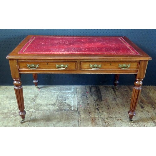 A Mahogany Leather Top Writing Desk with turned fluted legs....
