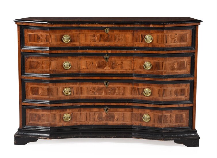 A NORTH ITALIAN WALNUT, CROSS BANDED AND EBONISED CHEST OF DRAWERS, LATE 17TH/EARLY 18TH CENTURY