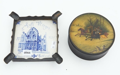 A PAINTED LACQUER BOX TOGETHER WITH DUTCH DELFT PORCELAIN AND PEWTER ASHTRAY