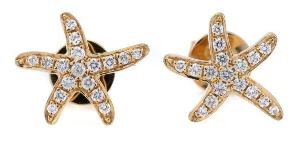 A PAIR 18CT GOLD DIAMOND STUD EARRINGS; each an 11mm wide starfish motif set with 17 round brilliant cut diamonds, total diamond wt....
