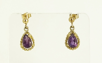 A PAIR OF 9ct GOLD AND AMETHYST EARRINGS