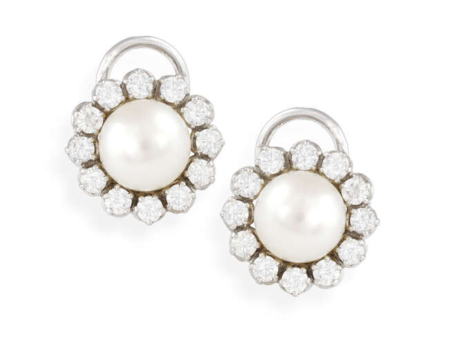A PAIR OF CULTURED PEARL AND DIAMOND EARRINGS,...