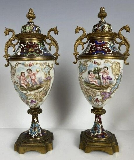 A PAIR OF FRENCH CHAMPLEVE ENAMEL AND PORCELAIN VASES