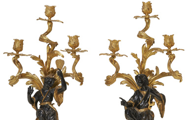 A PAIR OF FRENCH ORMOLU AND PATINATED BRONZE ‘CHINOISERIE’ CANDELABRA...