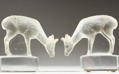 A PAIR OF LALIQUE SMALL STANDING DEER, signed to the