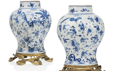 A PAIR OF ORMOLU-MOUNTED CHINESE BLUE AND WHITE PORCELAIN BALUSTER...