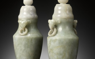 A PAIR OF PALE GREEN JADEITE VASES AND COVERS, LATE QING DYNASTY