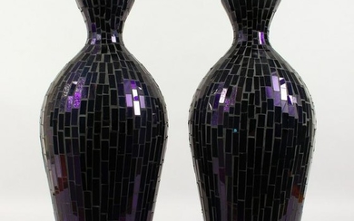 A PAIR OF STAINED GLASS STYLE PURPLE GLASS VASES. 1ft