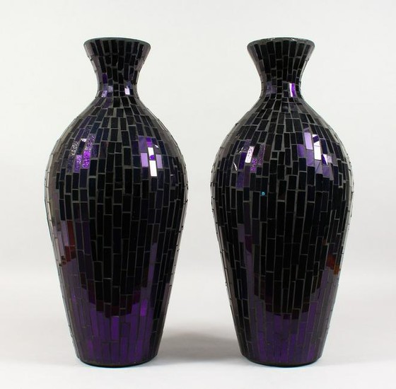 A PAIR OF STAINED GLASS STYLE PURPLE GLASS VASES. 1ft