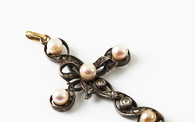 A PENDANT, gold and silver, in the shape of a cross, decorated with diamonds partly with rose cutting and 4 cultured pearls, later part of the 19th century.
