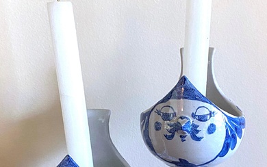 A Pair of Bjorn Wiinblad, Denmark Blue & White Candle Holders, c.1977