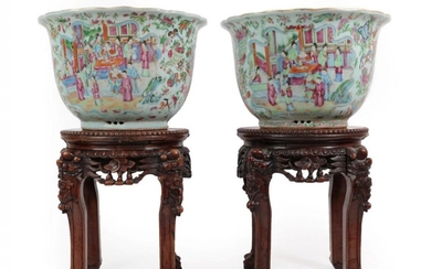 A Pair of Cantonese Porcelain Jardinieres, 19th century, typically painted...