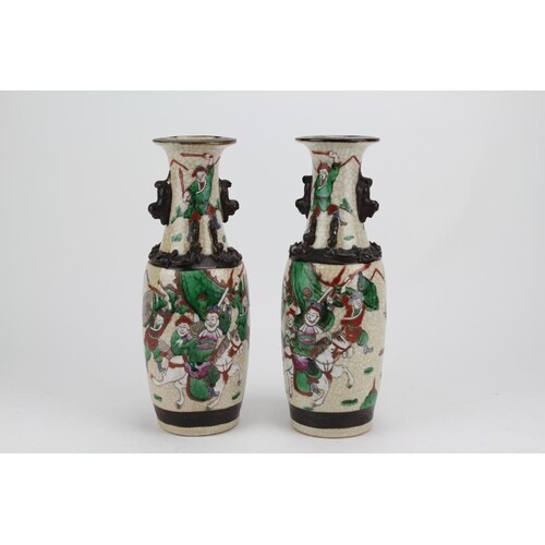 A Pair of Chinese Crackle Glazed Pottery Vases Decorated wit...