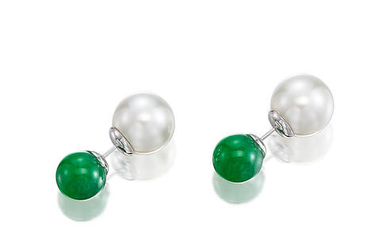 A Pair of Jadeite Bead and Cultured Pearl Earrings