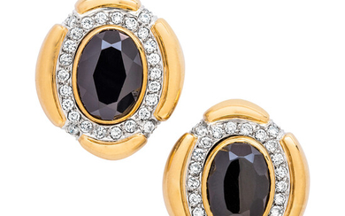 A Pair of Onyx, Diamond and Gold Ear Clips, Hammerman Brothers