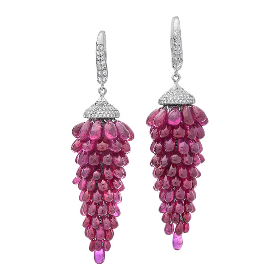 A Pair of Ruby, Diamond and White Gold Ear Pendants