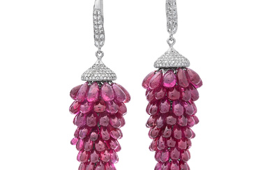 A Pair of Ruby, Diamond and White Gold Ear Pendants