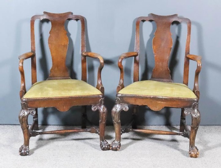 A Pair of Walnut Armchairs of "George II" Design,...