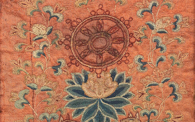 A RARE CORAL-GROUND SILK EMBROIDERED 'BUDDHIST WHEEL AND DEER' BOX COVER
