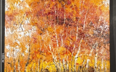 A RED-LEAF WOODS OIL PAINTING, WITH FRAME.吴冠中