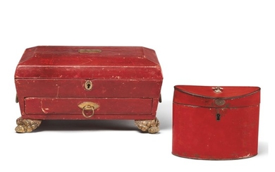 A REGENCY RED LEATHER AND GILT BRONZE-MOUNTED JEWEL BOX, TOGETHER WITH AN OVAL RED PAINTED TOLE TEA CADDY, 19TH CENTURY